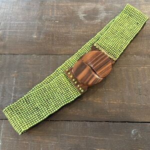 Vintage Green Beaded Stretch Belt with Wood Clasp – 24”